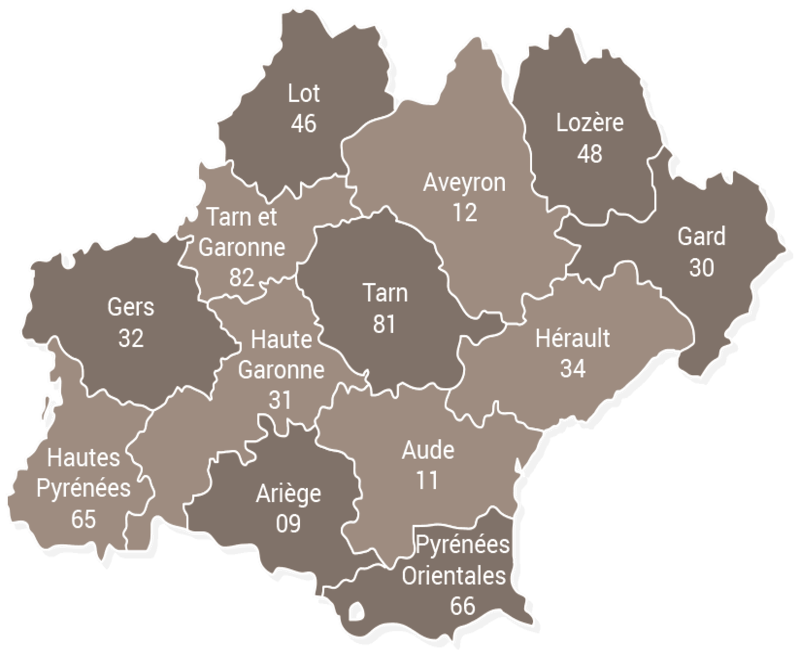 Carte des départements de l'Occitanie