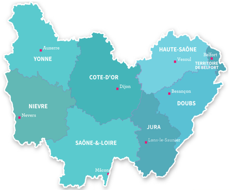 Carte des départements de la Bourgogne Franche Comté